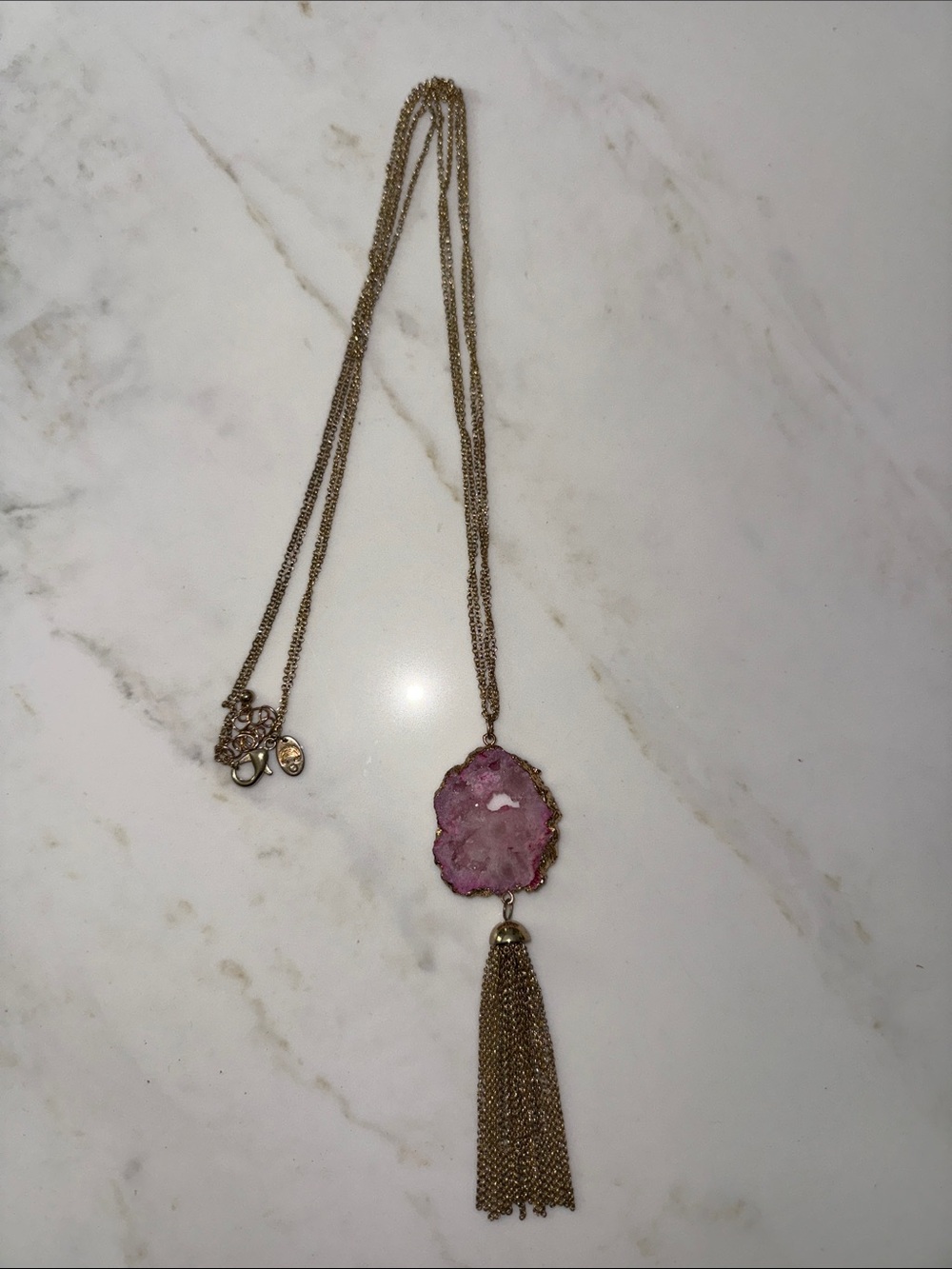 Gold Chain Necklace with Pink Druzy Pendant and Tassel